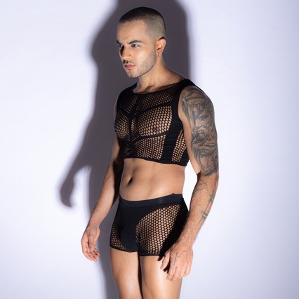 European And American See-through Sleeveless Men's Fishnet Clothes Fishnet Hollow Nightclub