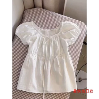 法式纯欲风蕾丝边拼接系带内搭短袖夏季女款泡泡袖掐腰显瘦上衣