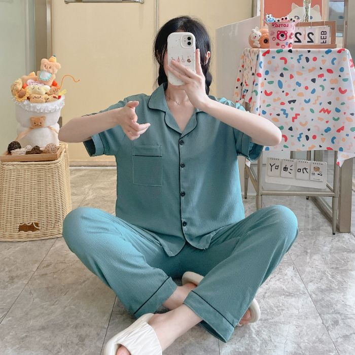 Comercio exterior transfronterizo al por mayor pantalones de manga corta pijamas mujeres verano espuma fina color sólido cardigan solapa traje de servicio a domicilio