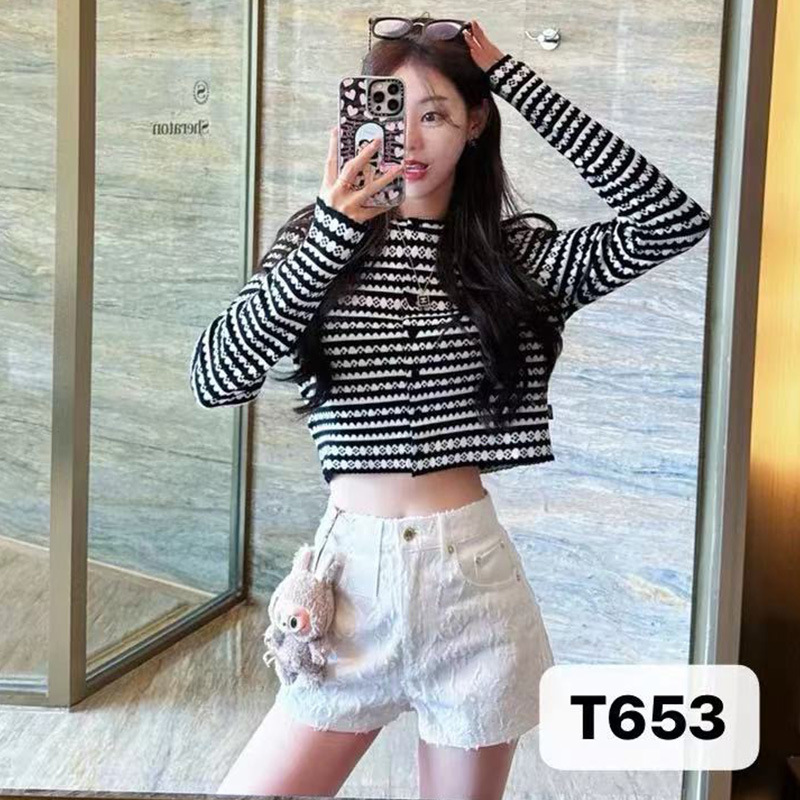 条纹圆领针织开衫女早秋设计感小众修身显瘦气质短款外套上衣工厂|undefined