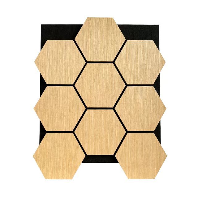 Barras de madera de poliéster rejilla tablero de absorción de sonido hexagonal tablero de absorción de sonido de forma especial pared de fondo teatro material de decoración ecológico