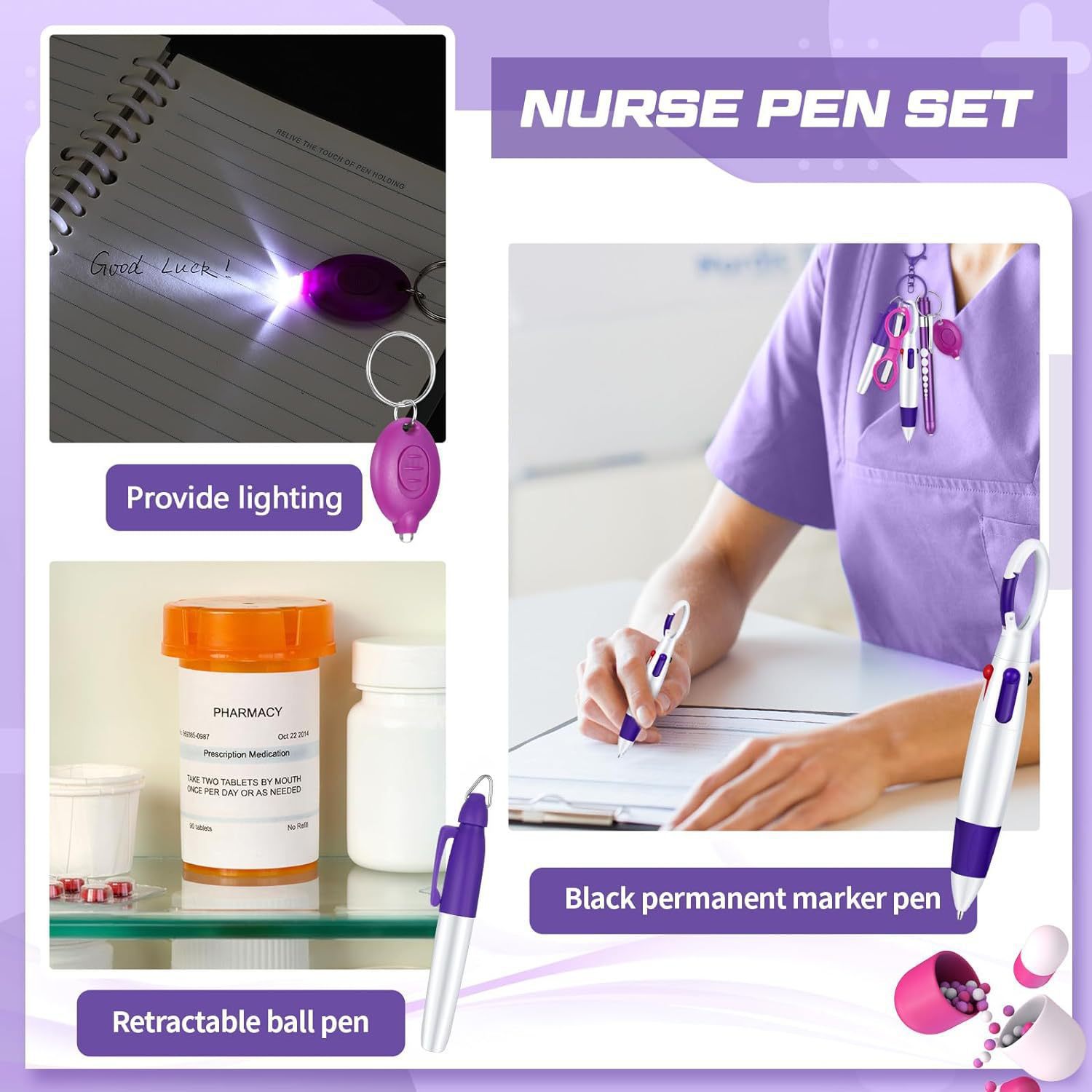 Nurse uniform, ballpoint pen, set, foldable flashlight, scissors, keychain, Amazon, 6 pieces