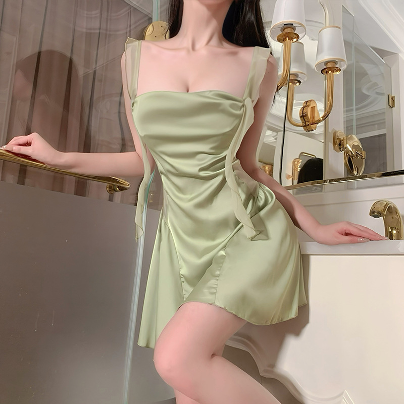 Meishilan Ice Silk Pajamas Women's Spring and Summer Sexy Suspender Swing Collar Nightgown Nightgown Summer Pure Desire with Breast Pad 307