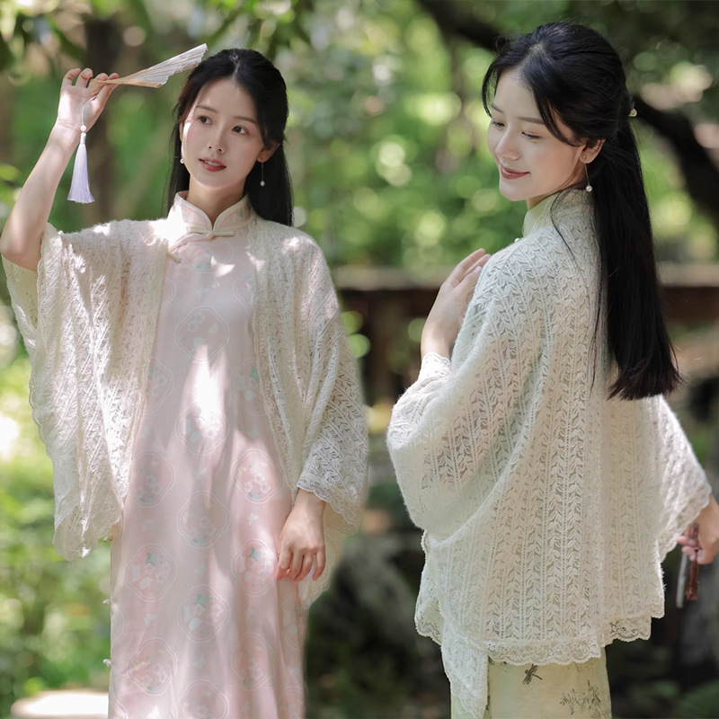 Retro fresco 2024 flor de cadena de verano fino hueco literario estilo perezoso cárdigan con chal exterior cheongsam