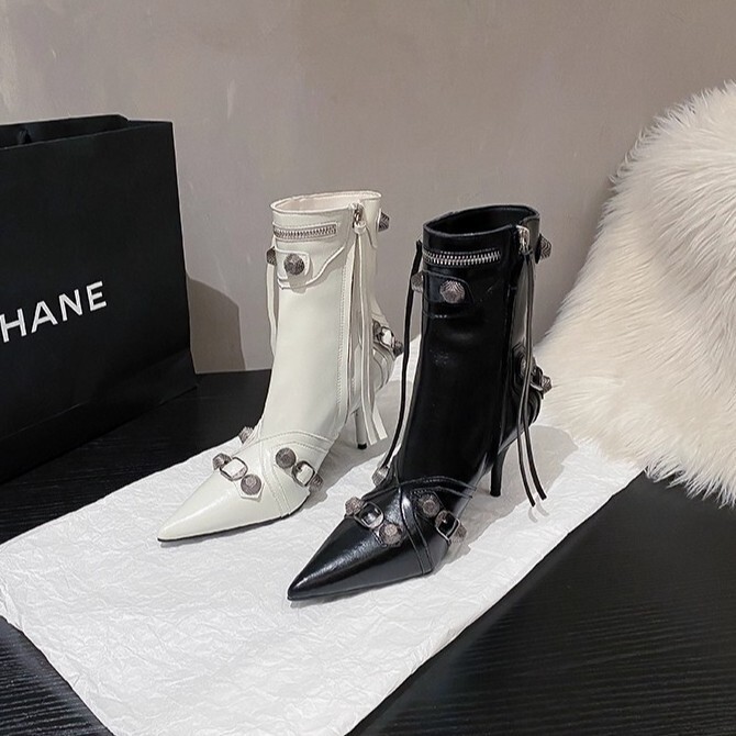 In Stock~ European and American Pointed Toe Rivet Short Boots 25 Styles Black Side Zipper Fashion Stiletto Heels Punk Style Boots Motorcycle Boots