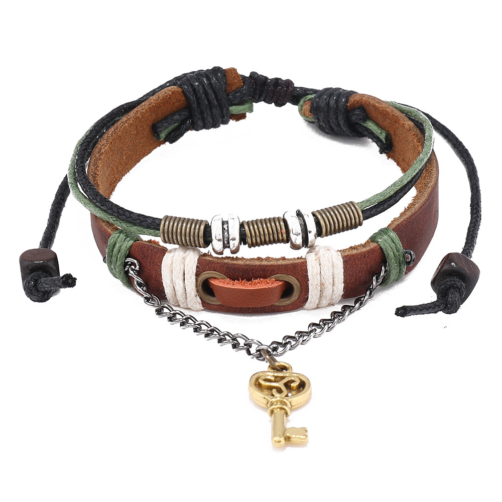 Couple Gender Retro Key Lock Pu Leather Alloy Wax Line Knitting Couple Bracelets