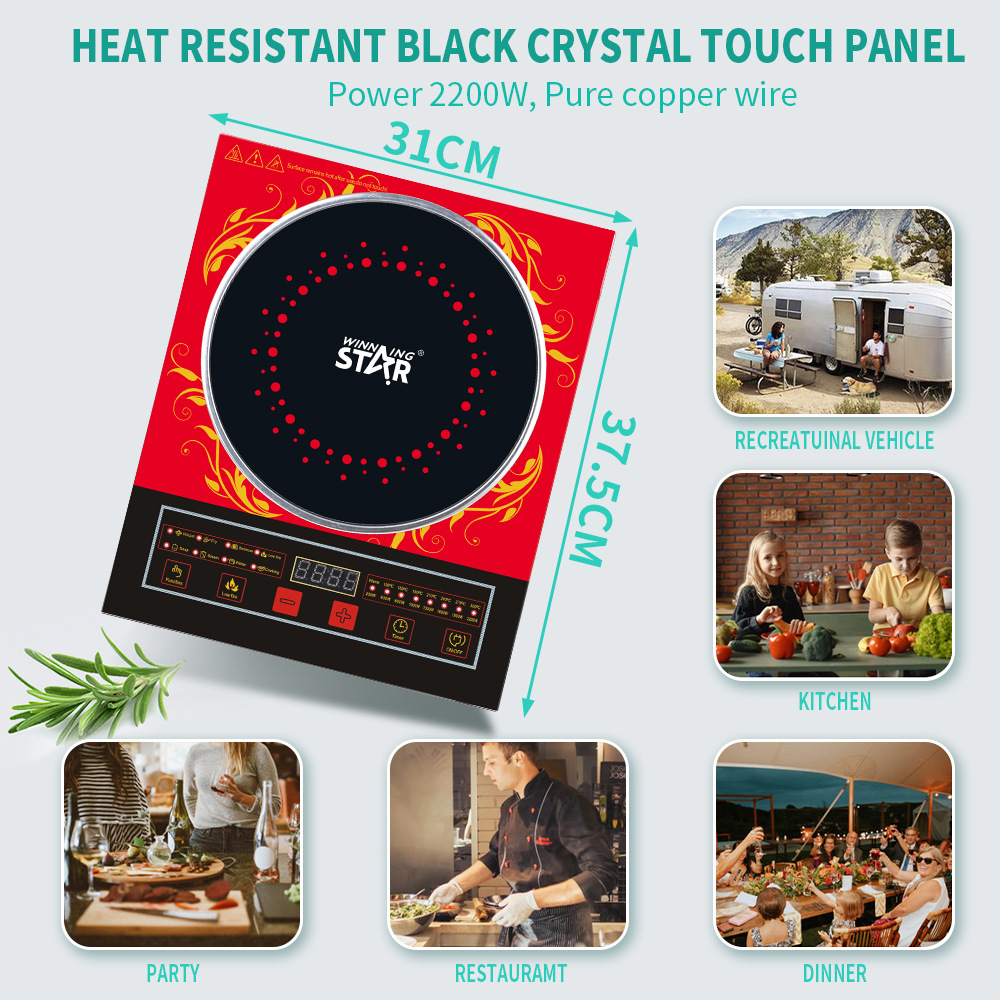 Estrella ganadora transfronteriza estándar británico estándar europeo placa de cristal negro hogar inteligente táctil a prueba de agua panel de Cocina de Inducción