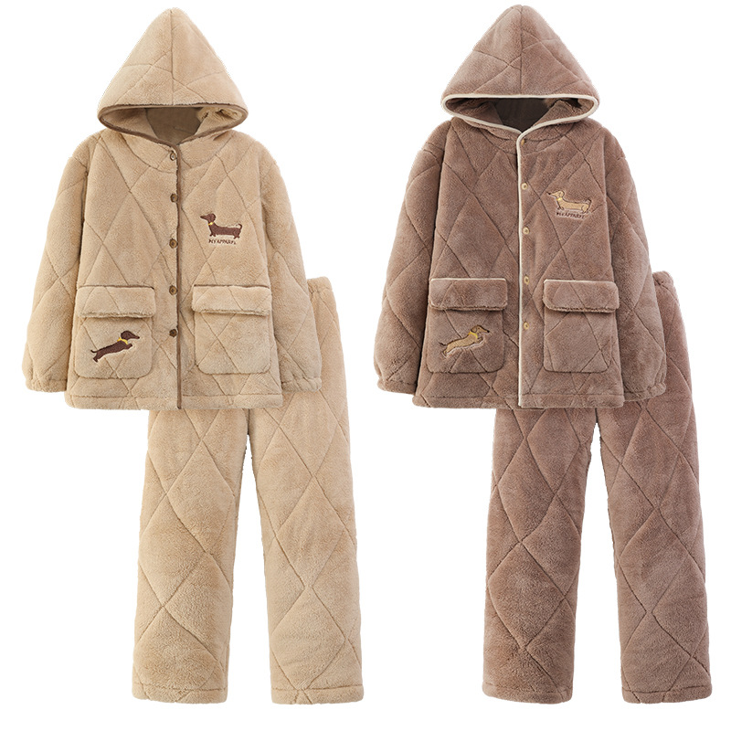 Pajamas de pareja de algodón para hombres y mujeres 2024 invierno más veludo engrosado cardigan con capuz de manga larga ropa de hogar conjunto de calor