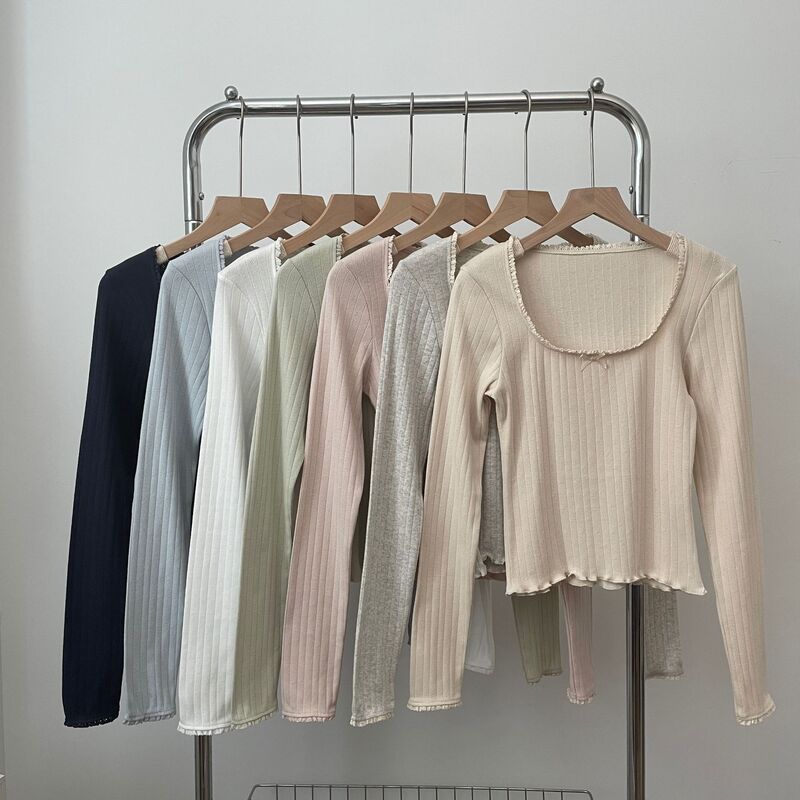 Bm Ballet Style Simple Lace Splicing Square Neck Long-Sleeved T-Shirt Women's Autum New Slim Fit Inner Bottoming Shirt Top Bm Ballet Style Simple Lace Splicing Square Neck Long-Sleeved T-Shirt Women's Autum New Slim Fit Inner Bottoming Shirt Top