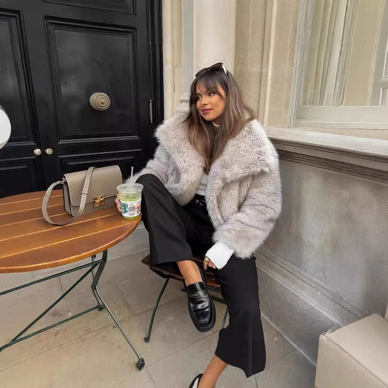 Amazon European and American Cross-Border Wholesale 2026 Autumn and Winter Women's Solid Color Faux Fur Lapel Coat Women's Overcoat