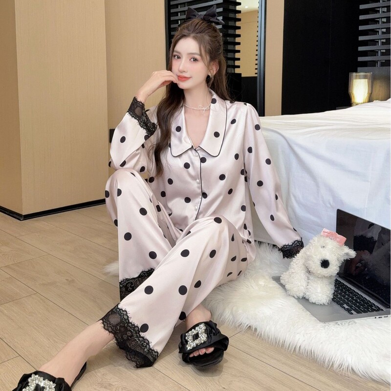 Popular Foreign Trade Item: Polka Dot Print Lace Ice Silk Pajamas for Women, Spring and Autumn Long-Sleeve Long-Pants Set, Home Wear That Can Be Worn Outside