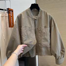 欧洲站纽扣圆领多口袋拼接拉链外套女年早秋新款纯色宽松夹克新品