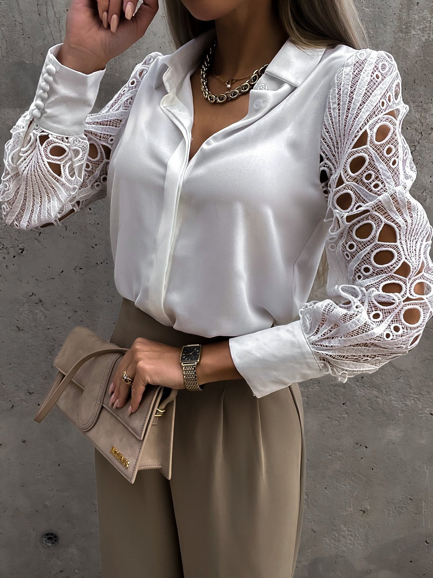 Women's Blouse Long Sleeve Blouses Lace Fashion Solid Color display picture 3