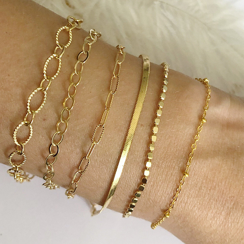 Cross Border Women's Gold Bracelet 14K Gold Women's Exquisite Herringbone Twist Chain Paperclip Bracelet Set