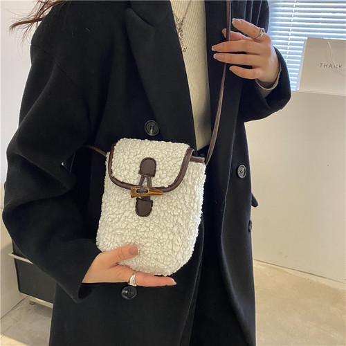 Chic Plush Small Handbag for Women  New Style Fashion Pom-pom Winter Shoulder and Crossbody Bag with Locking Phone Small Square Bag