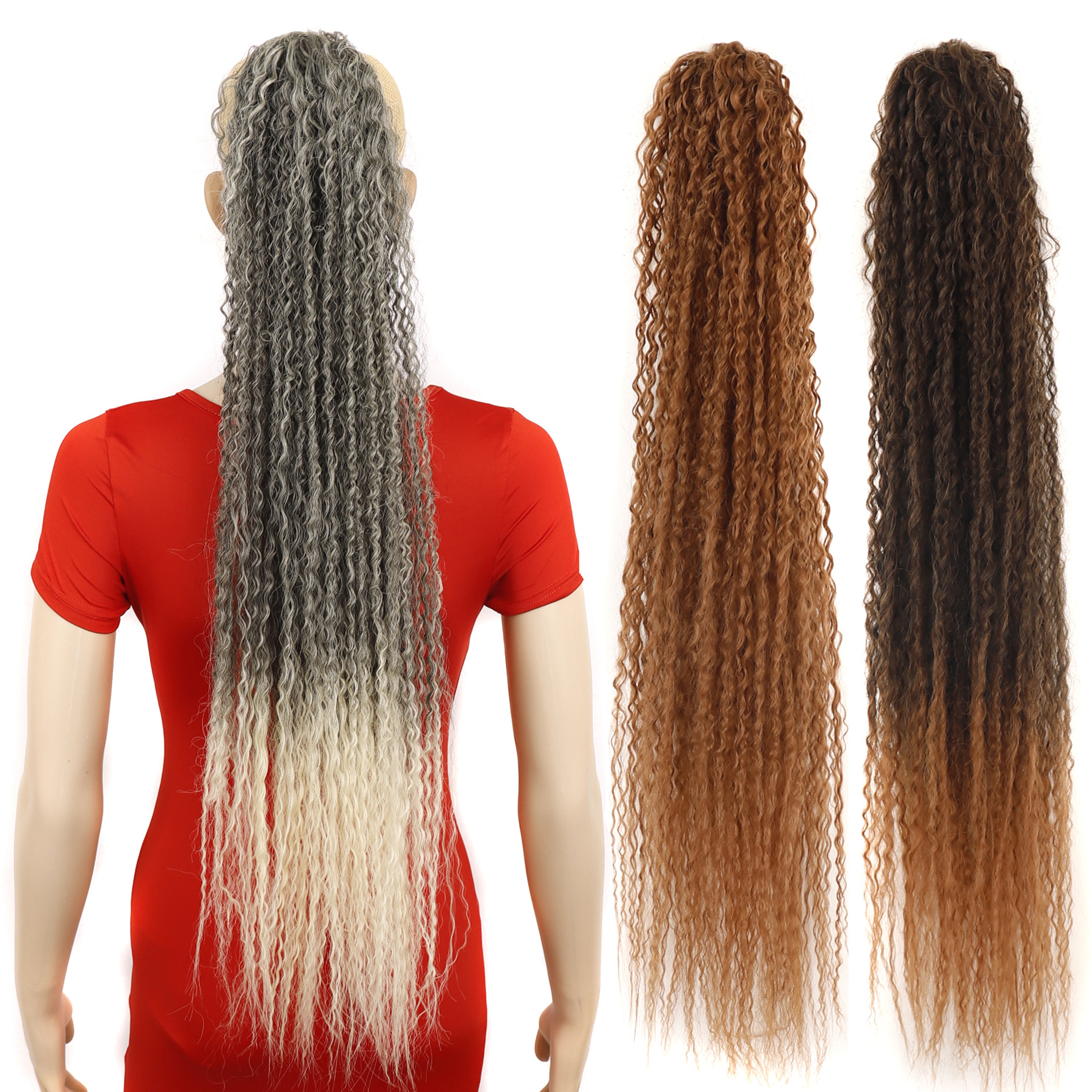 Synthetic hair Lengthened Micro Roll Wig Chemical Fiber Mesh Bag Pull Rope Fluffy Long Curly Hair Horsetail_voghion.com
