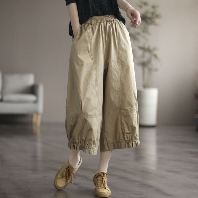 Foreign Trade Export Last Order Cut Label Japanese Style Workwear Cotton and Linen Wide-Leg Pants for Women Summer Fashion Casual Straight-Leg Three-Quarter Pants Skirt