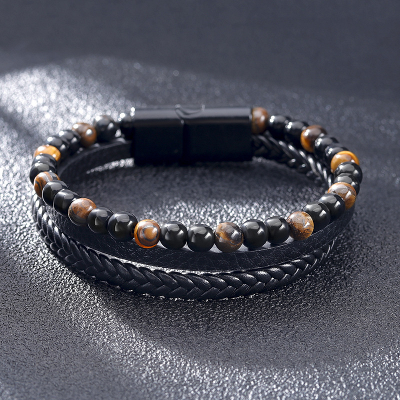 Simple hand-woven leather natural Tiger Eye stone bracelet hand-woven volcanic stone beaded men's bracelet in stock