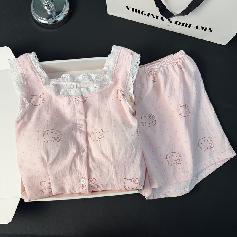 Verano cómodo nube algodón pijama de mujer impresión rosa pantalones cortos de mangas voladores con cojín de pecho dormitorio ropa casera