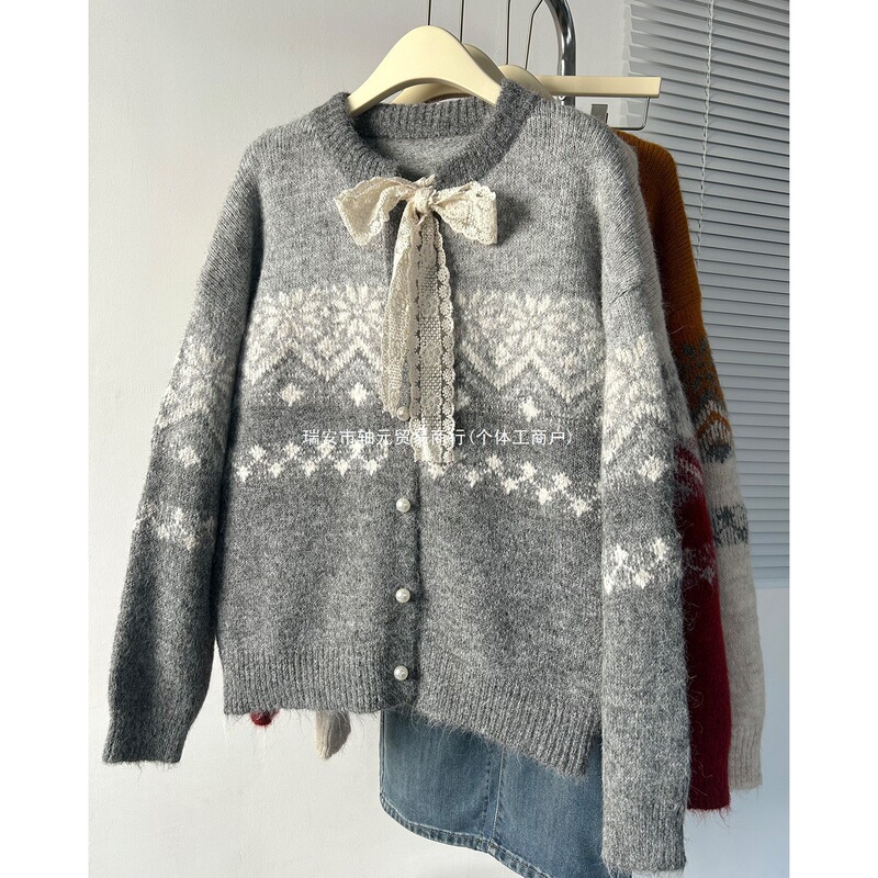 Sweater coat, retro Fair Isle knitted cardigan, women's lace bow, loose and soft, Christmas-style sweater Sweater coat, retro Fair Isle knitted cardigan, women's lace bow, loose and soft, Christmas-style sweater