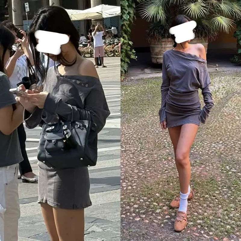 [陆续出]金智妮jennie同款针织连衣裙一字领露肩长袖灰色拼接裙子