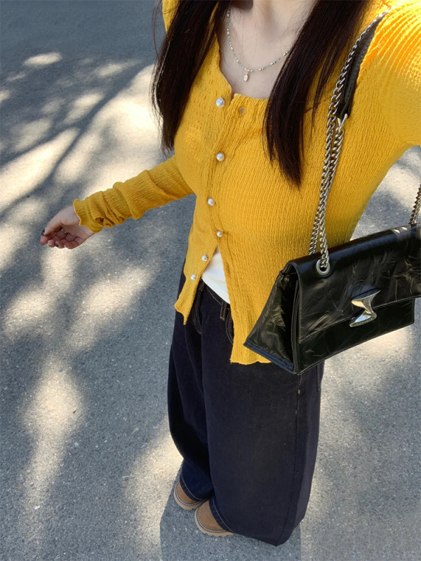 韩系氛围感穿搭黄色圆领长袖开衫女秋装修身显瘦别致针织外套上衣|undefined