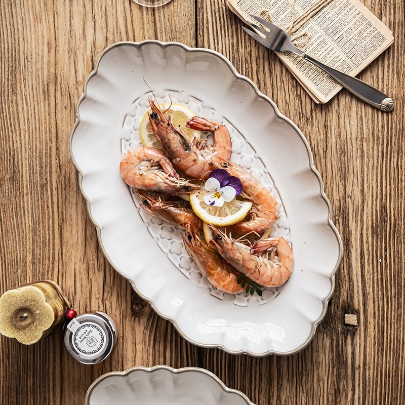 Plato de cerámica exquisito, plato de pescado grande, plato de comida japonés, plato largo, plato de platos caseros, plato de comida occidental al por mayor