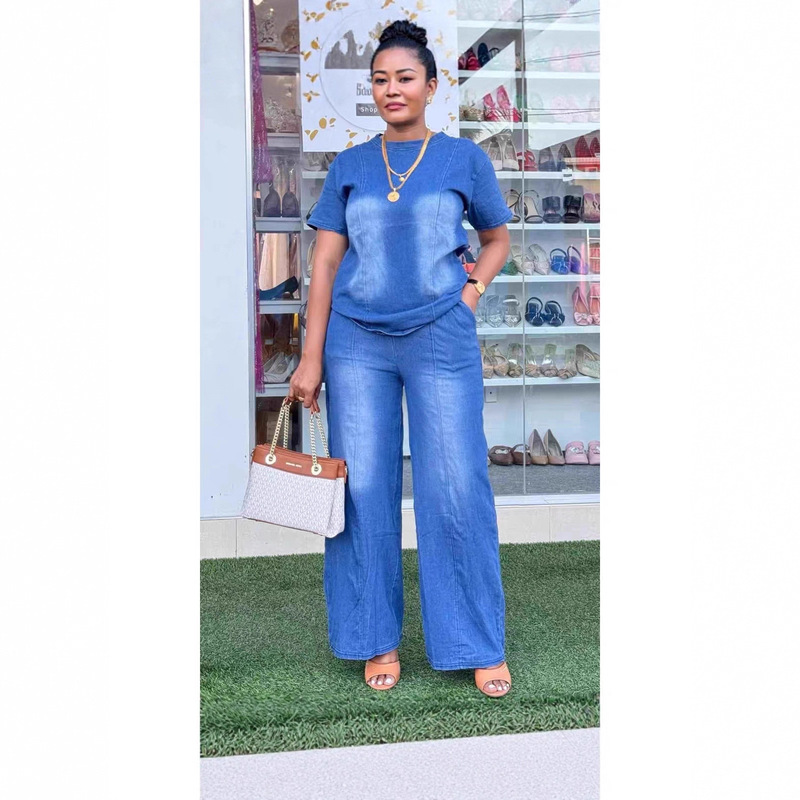 European and American Foreign Trade Cross-Border Aliexpress Amazon New Fashion Washed Blue Loose Short-Sleeved Denim Women's Suit Trendy