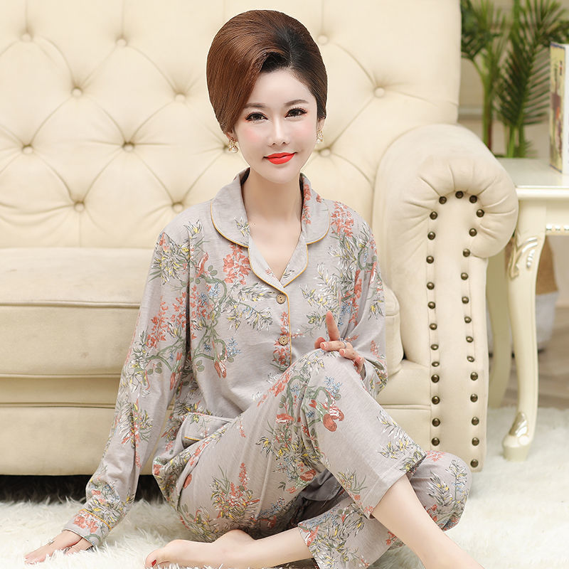 Pijamas de mamá de mediana edad para mujer otoño 100% algodón de manga larga para el hogar cardigan de mediana edad y ancianos traje suelto de primavera y otoño