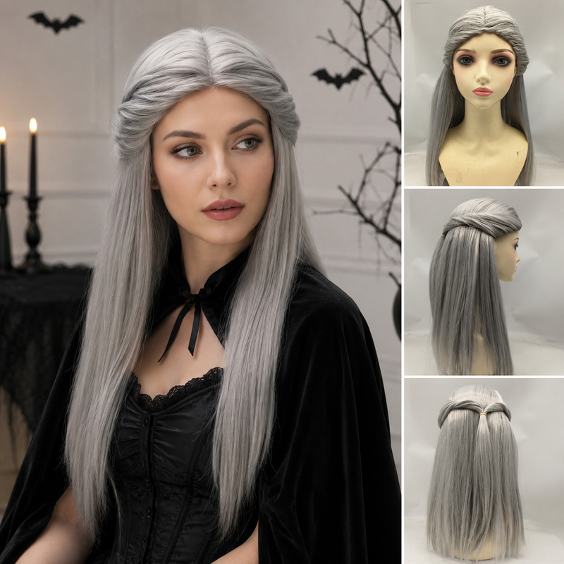 Silver-gray long straight hair wig, COS elf half-braided updo style, Halloween witch cosplay wig Silver-gray long straight hair wig, COS elf half-braided updo style, Halloween witch cosplay wig