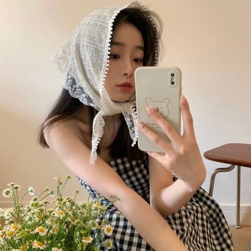 French lace triangular scarf with floral beige stylish retro decorative head scarf hair tie for bag straps and fringes, versatile small scarf