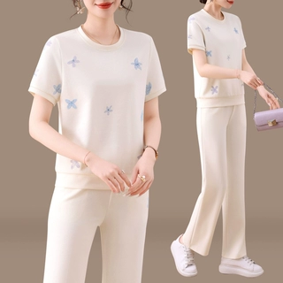 V领短袖运动套装女夏2026新款妈妈显瘦宽松长裤洋气休闲两件套薄