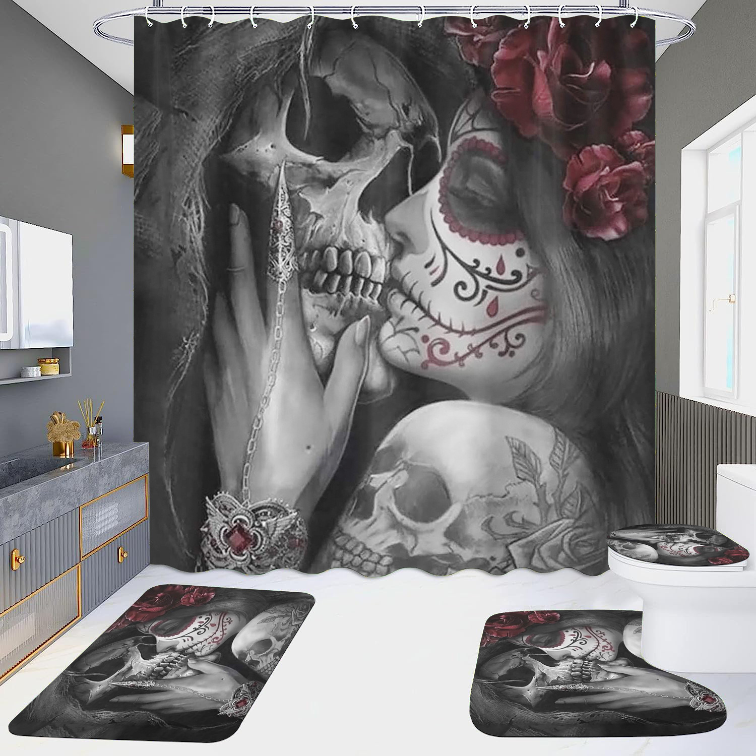 Cortina de ducha de suministro directo transfronterizo conjunto de cuatro piezas hd impermeable sin perforaciones baño hotel baño partición cortina wansheng cráneo