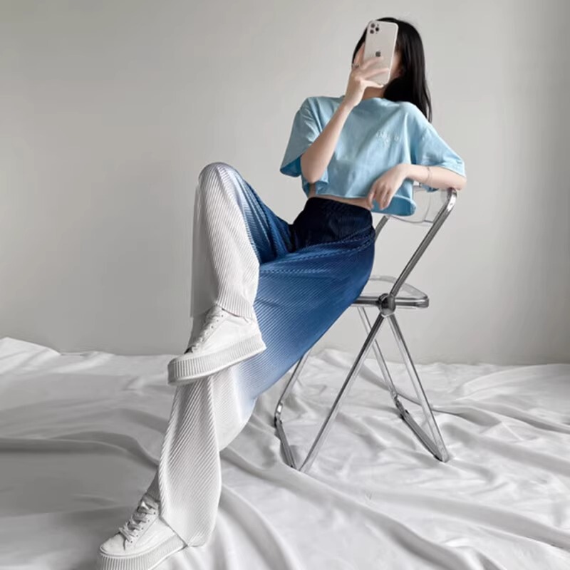 Pleated Four-sided Elastic Ice Silk Gradient Color Wide Leg Pants Women's Summer High Waist Straight Draped Casual Pants Tie-dyed Mop Pants