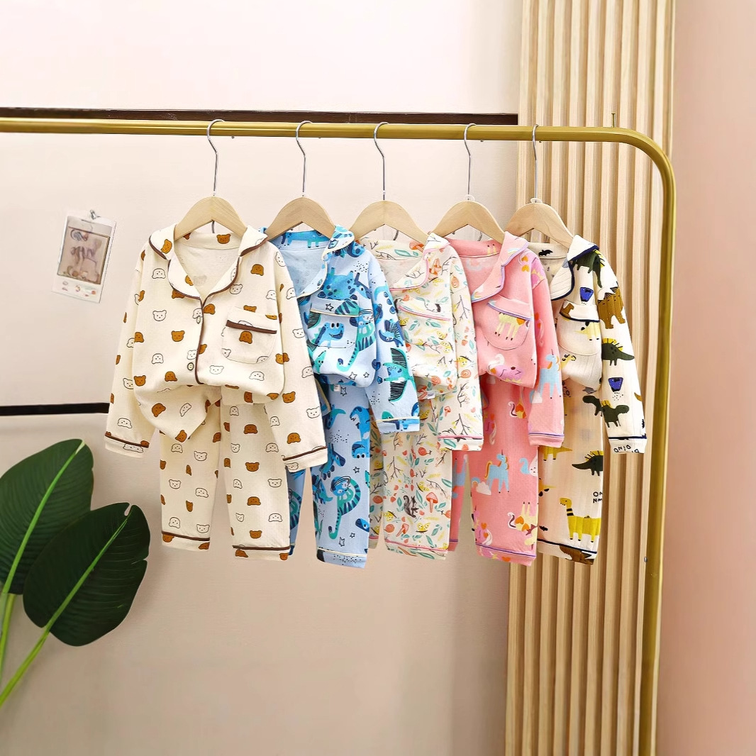 Children's Pure Cotton Pajamas Spring and Autumn Style Boys' and Girls' Home Clothes suit Loose Middle and Large Children's Lapel Long Sleeve Air-conditioning Clothes