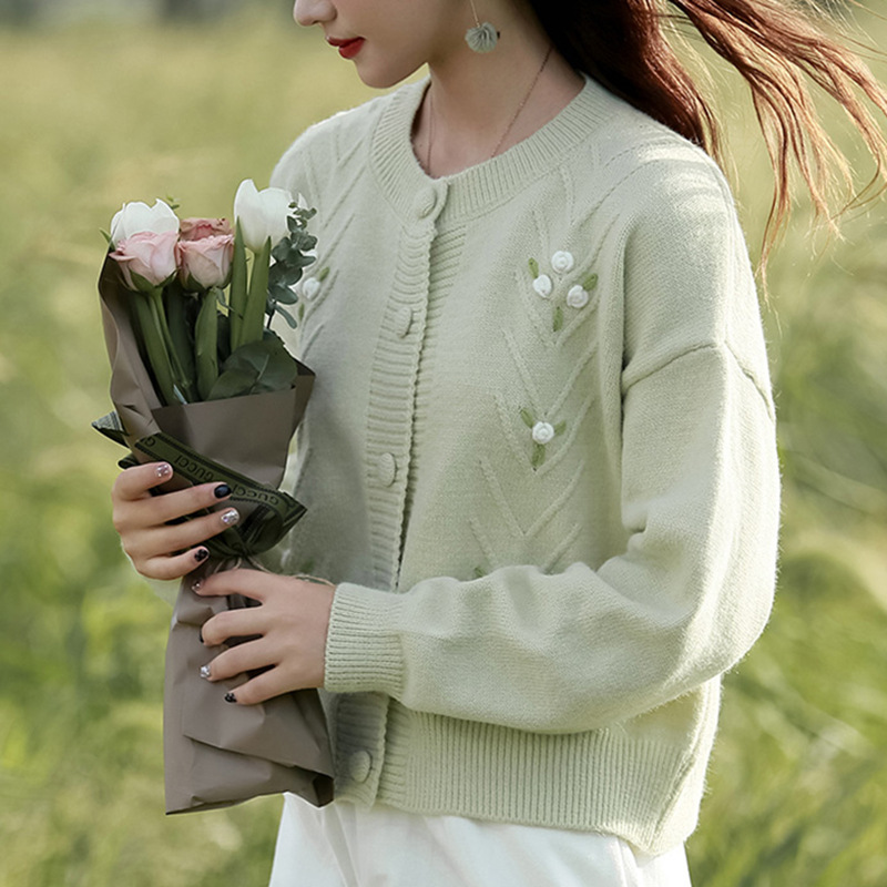 Gentle Style Round Neck Knitted Cardigan for Women in Autumn and Winter New Stereo Flower Sweet Versatile Soft Waxy Sweater Jacket Gentle Style Round Neck Knitted Cardigan for Women in Autumn and Winter New Stereo Flower Sweet Versatile Soft Waxy Sweater Jacket