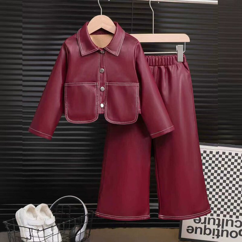 Girls Pu Leather Suit, Cute Big Pocket Long Sleeve Short Lapel Jacket Coat + Wide Leg Pants Trousers Set