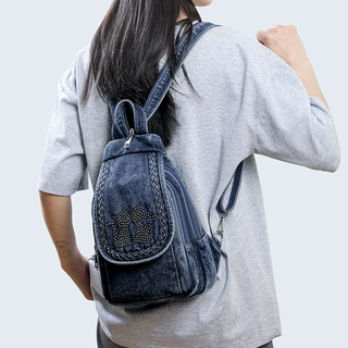 夏季双肩包女士斜挎包小背包休闲韩版胸包简约女包牛仔布新款背包