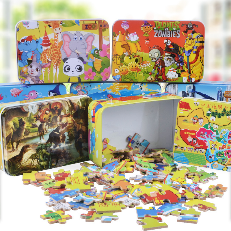 Transfronterizo 100 piezas de caja de hierro puzzle infantil educación temprana rompecabezas dibujos animados de madera agencia de educación plana al por mayor