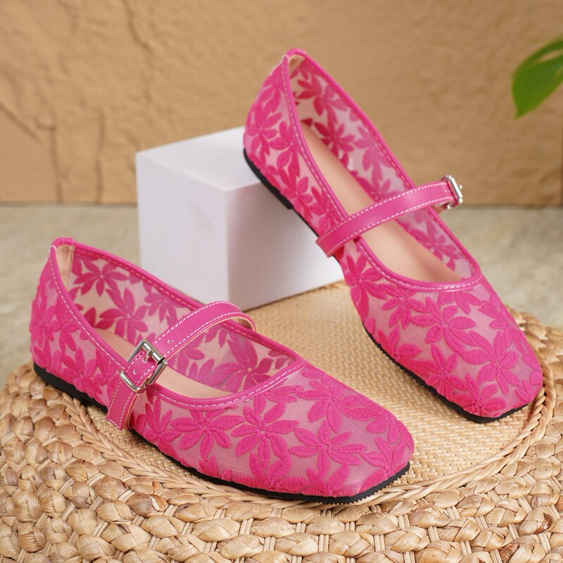 Foreign Trade Cross-Border Amazon Spot 2025 Summer New Flower Embroidered Mesh Ballet Flats Square Toe Shallow