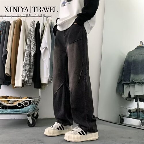 Stitched jeans, men's spring and autumn, wide-leg, drooping, loose straight pants, niche design, high-end American high street