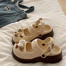 少女心可爱小猫厚底防水洞洞鞋新款增高半拖鞋防滑外穿包头沙滩鞋