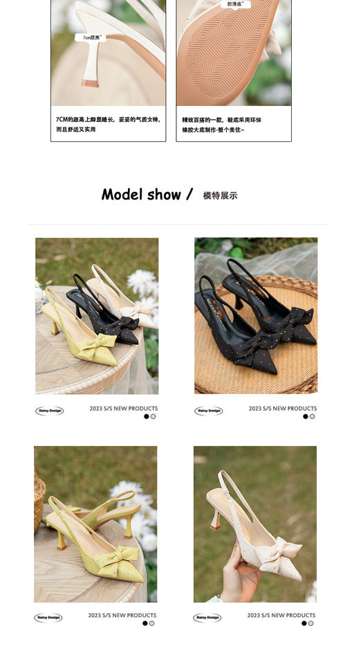 Giày sandal nữ bít mũi mũi nhọn gót mảnh đính đá nơ quai ngang, gót 6–8 cm — Màu mơ, Màu đen chi tiết 6