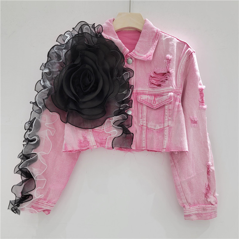Contrast Color Stitching Three-Dimensional Flower Fashion Personality Ripped Pink Stylish Short Denim Jacket for Women