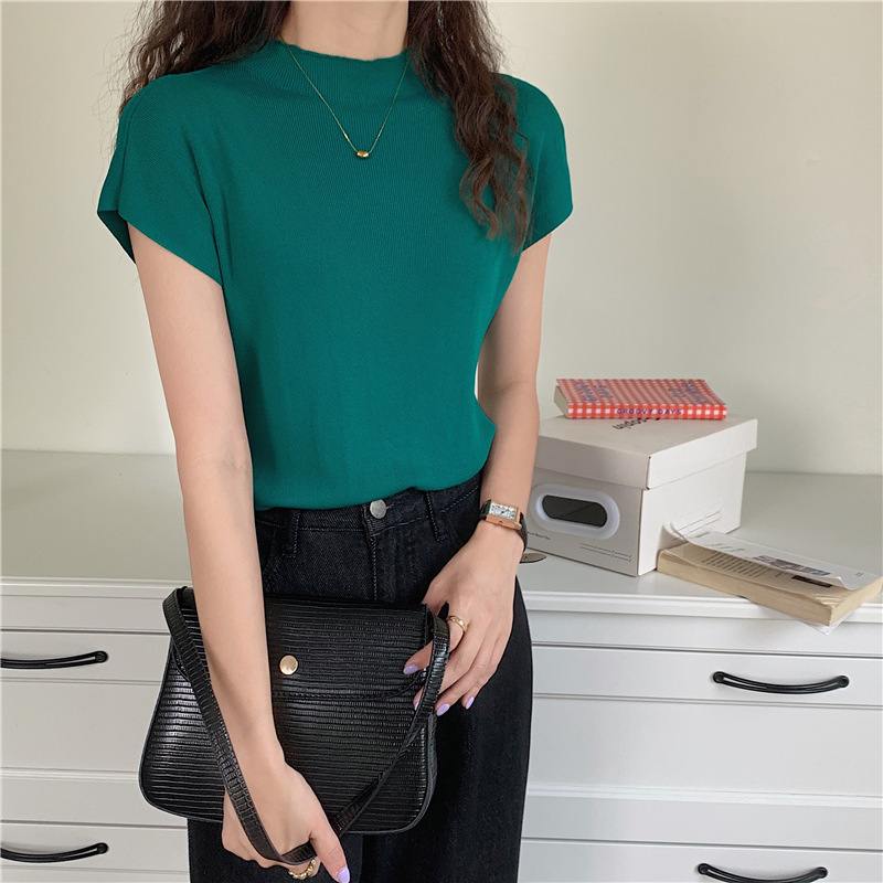 Knitwear Women's Ice Silk Short-sleeved Top Women's Half-high Collar Slimming Women's T-shirt Base Outer Wear Short Solid Color Pullover