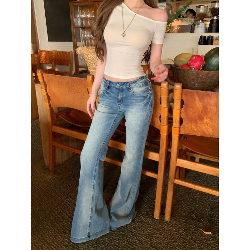 Asymmetrical Off-Shoulder Basic Slim-Fit Short-Sleeve T-Shirt for Women, Retro Low-Waist Flared Slim-Fit Jeans Set, Trendy