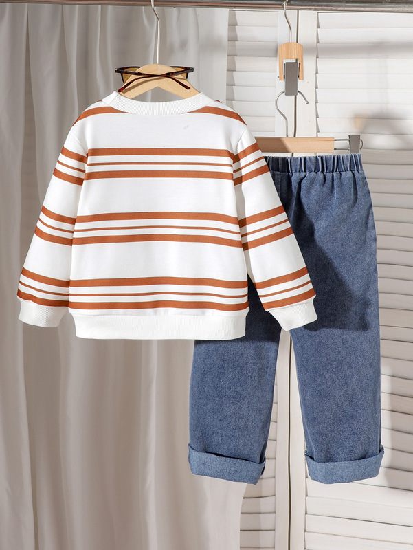 Children's clothing  SHEIN跨境女童套装条纹长袖卫衣+蓝色长裤|undefined