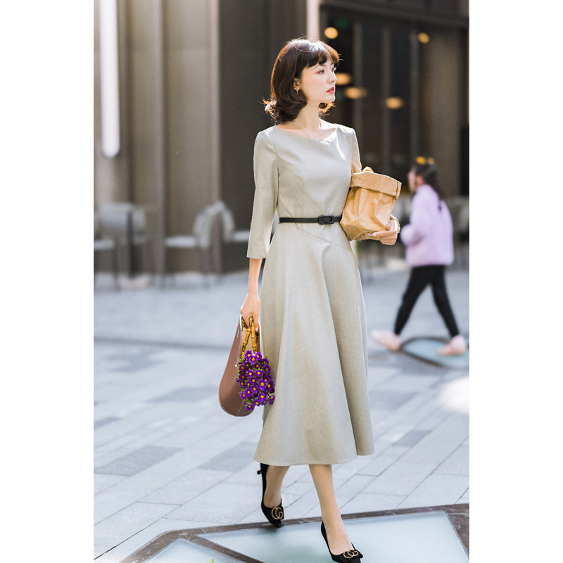 Gray Series 2026 Spring and Autumn New Long-Sleeve Round-Neck Dress for Women, Fashionable and Elegant Long Dress with a High-End Feel