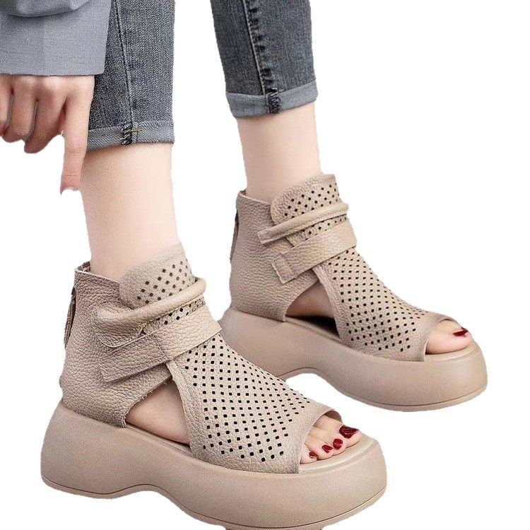 Sandalias de plataforma para mujer 2024 verano nuevo estilo exterior moda todo fósforo boca de pez botas cortas huecas sandalias romanas para mujer