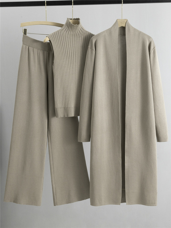 Cross-Border Foreign Trade Spring and Autumn Fashion Knitwear Set for Women: Long Shawl Cardigan + High-Neck Vest + Wide-Leg Pants Three-Piece Set Cross-Border Foreign Trade Spring and Autumn Fashion Knitwear Set for Women: Long Shawl Cardigan + High-Neck Vest + Wide-Leg Pants Three-Piece Set